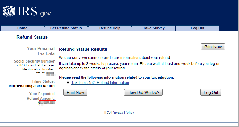 IRS Refund Status Results