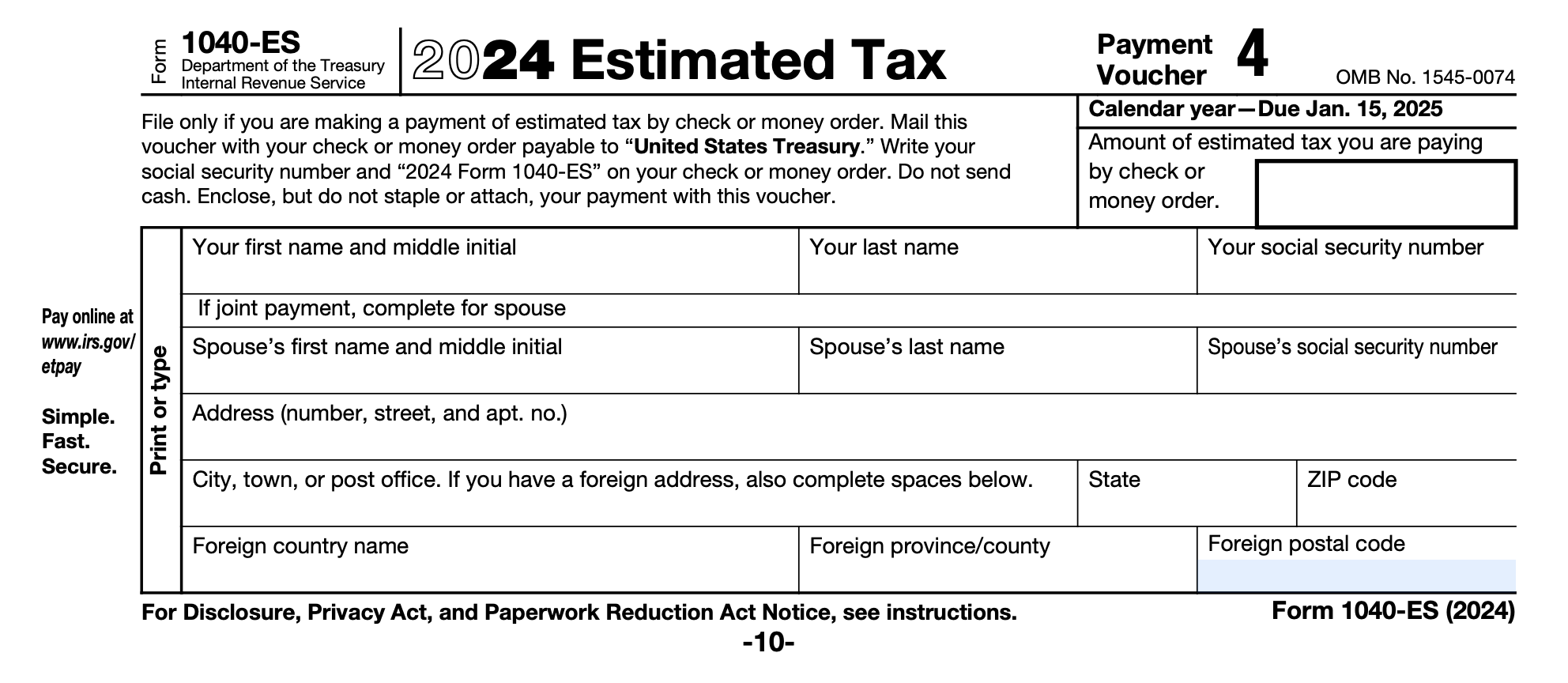 IRS Form 1040-ES payment voucher 4 for 2024