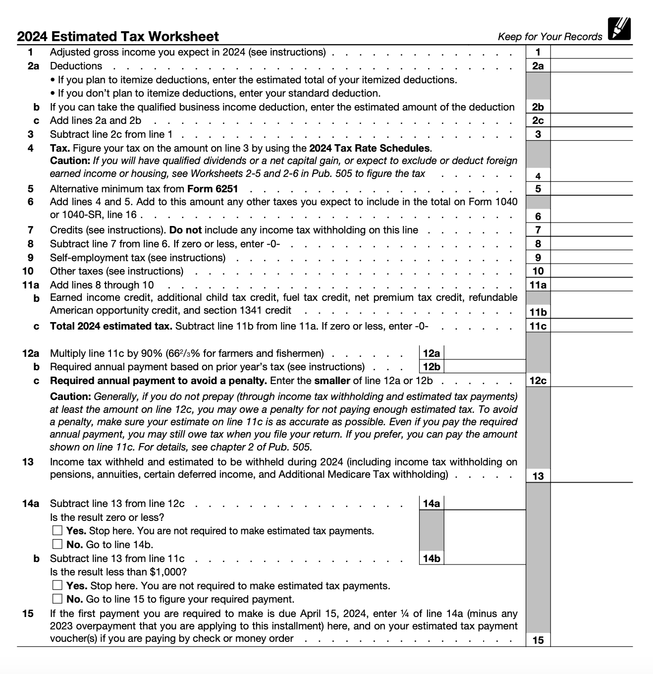 IRS Form 1040-ES worksheet 2024