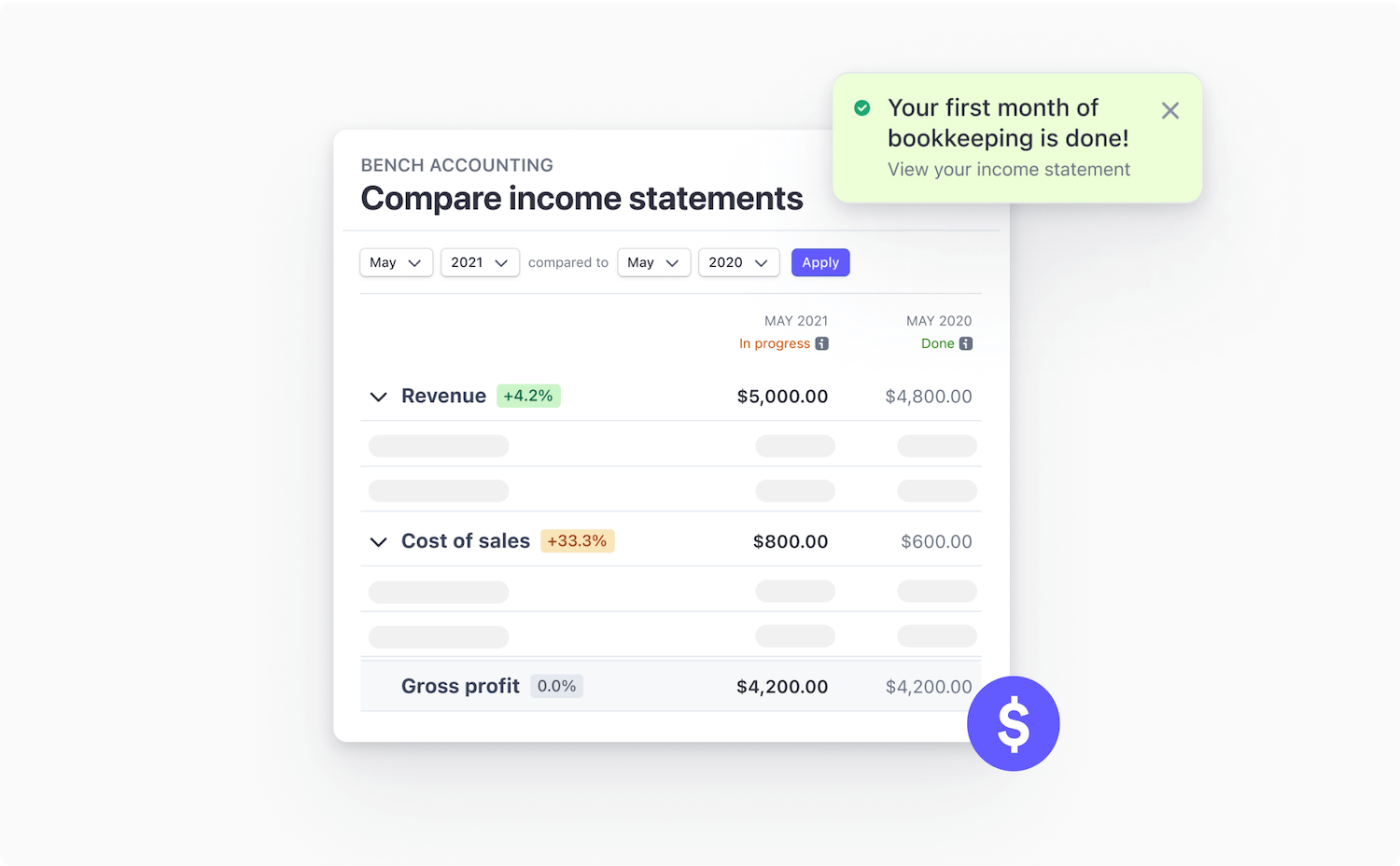 Bench income statement Stripe dash - compare view