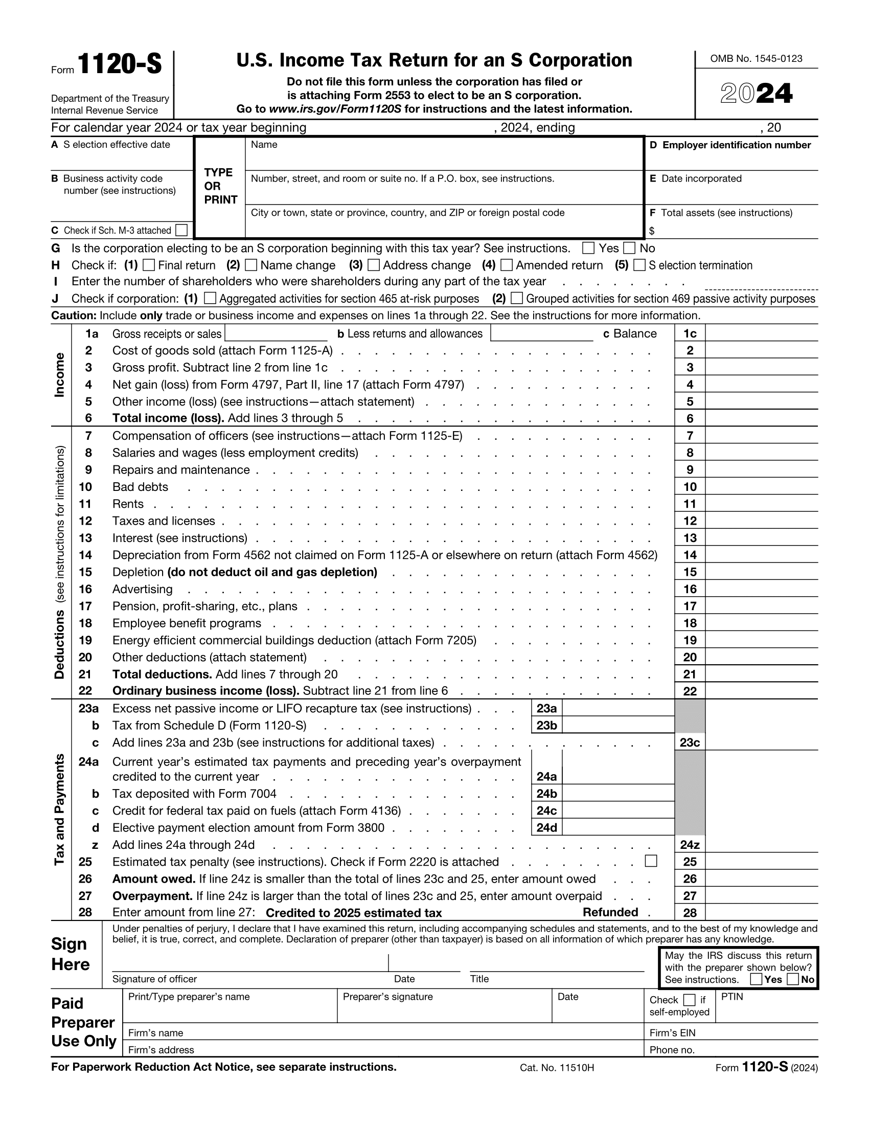 Page 1 of 5 of the 2024 version of IRS Form 1120-S
